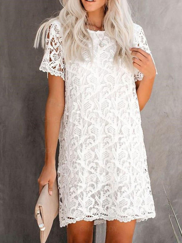 New casual and elegant round neck hollow lace midi dress - Closther