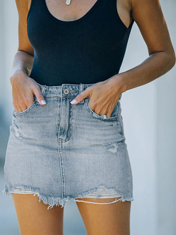 Women's New Casual Ripped Denim Skirt - Closther