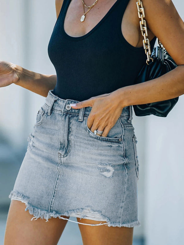 Women's New Casual Ripped Denim Skirt - Closther