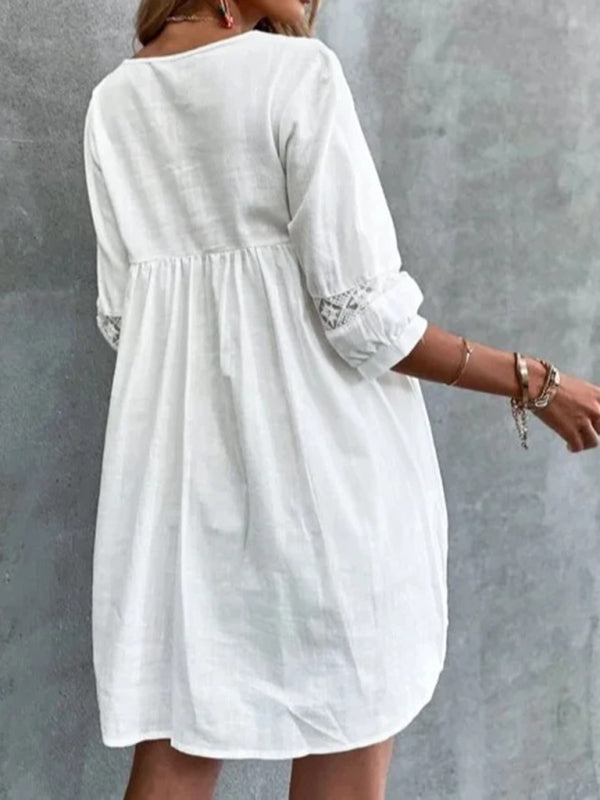 New V-neck simple cotton mid-sleeve casual vacation dress - Closther