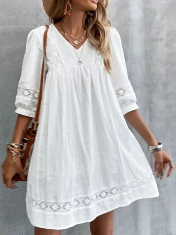 New V-neck simple cotton mid-sleeve casual vacation dress - Closther