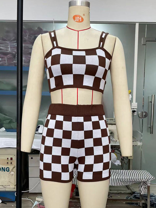 Ensemble deux pièces pour femme : débardeur et short à carreaux 