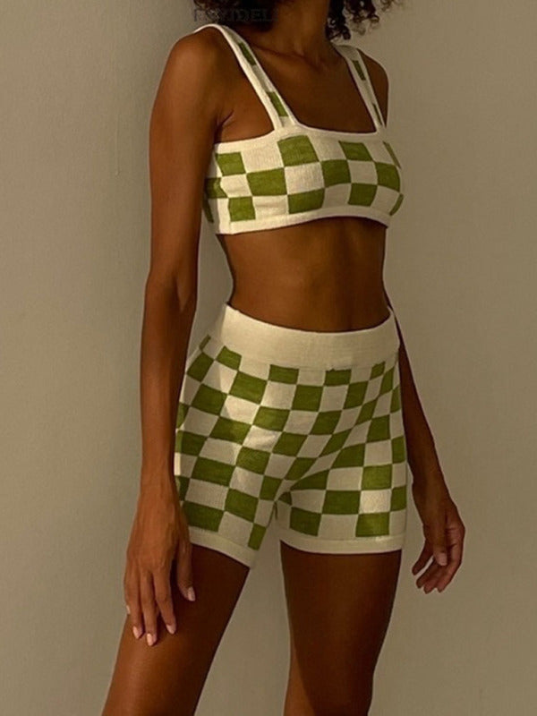 Ensemble deux pièces pour femme : débardeur et short à carreaux 