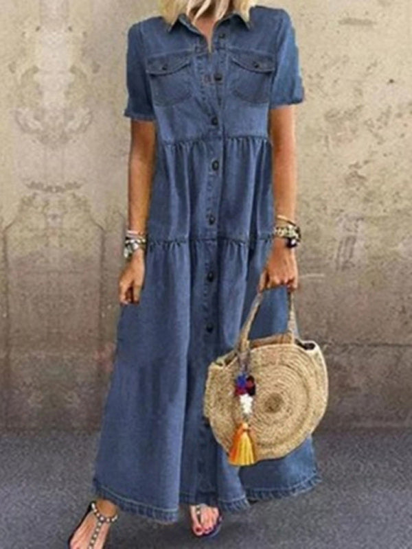 European and American denim style long multi-button distressed dress - Closther