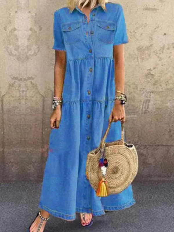 European and American denim style long multi-button distressed dress - Closther