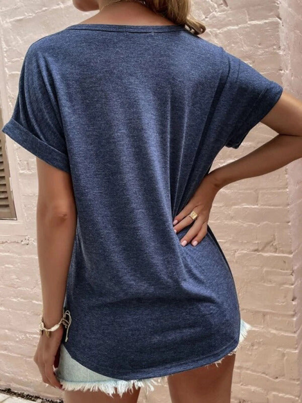 Einfarbiges, locker geschnittenes Kurzarm-T-Shirt mit V-Ausschnitt für Damen 