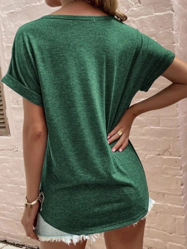Einfarbiges, locker geschnittenes Kurzarm-T-Shirt mit V-Ausschnitt für Damen 