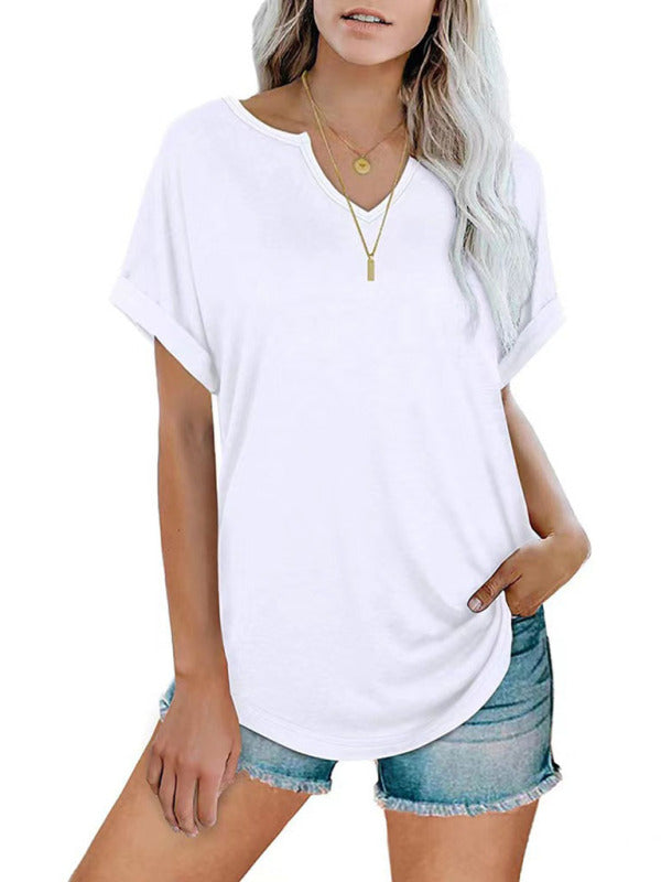 Einfarbiges, locker geschnittenes Kurzarm-T-Shirt mit V-Ausschnitt für Damen 