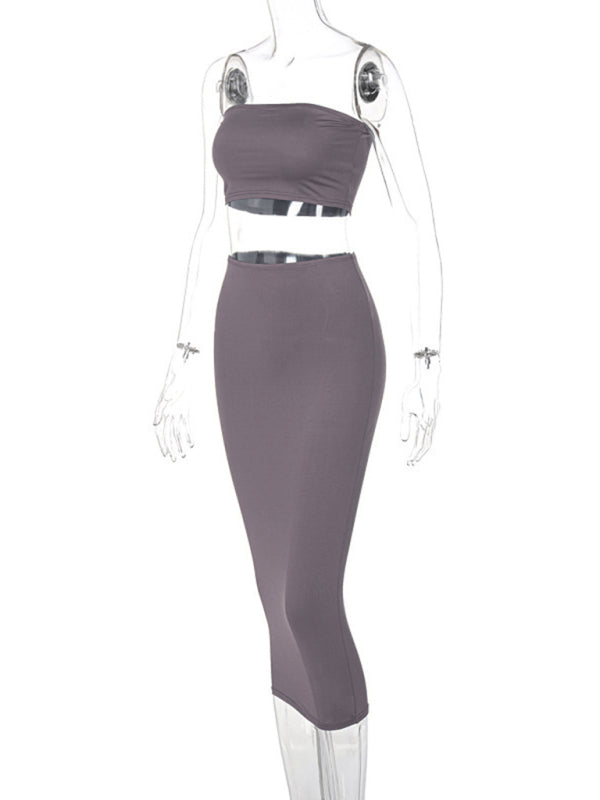 Zweiteiliges Set aus gestricktem, sexy Tube-Top, Tasche und Hüftrock für Damen 