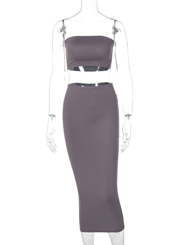Zweiteiliges Set aus gestricktem, sexy Tube-Top, Tasche und Hüftrock für Damen 