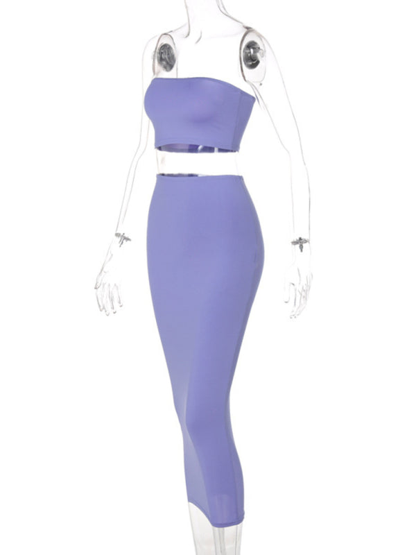 Zweiteiliges Set aus gestricktem, sexy Tube-Top, Tasche und Hüftrock für Damen 