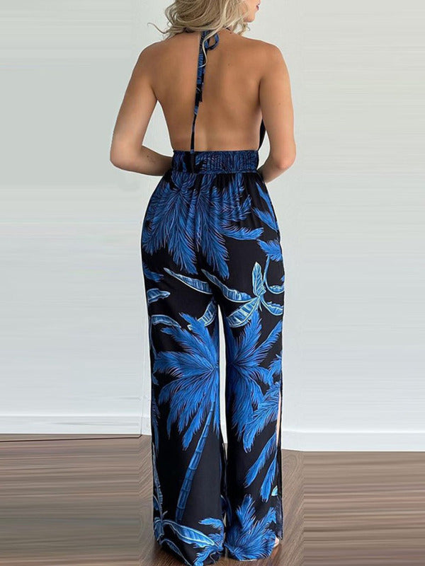 Women's Irregular Printed Halter Neck Jumpsuit - Closther