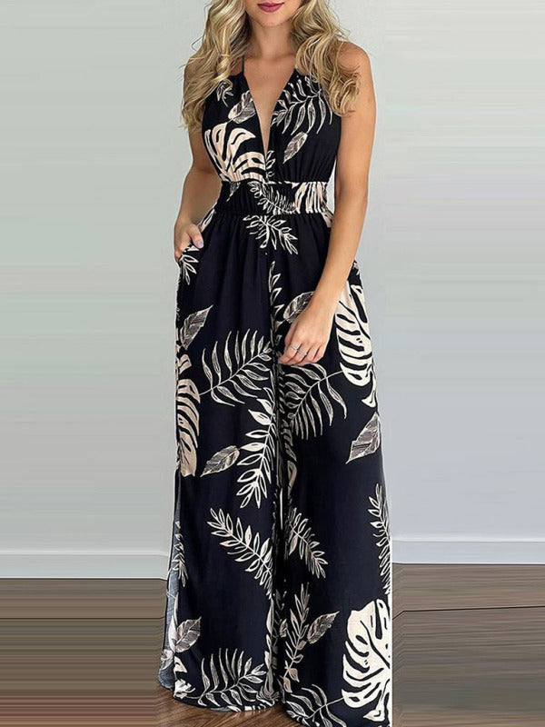 Women's Irregular Printed Halter Neck Jumpsuit - Closther