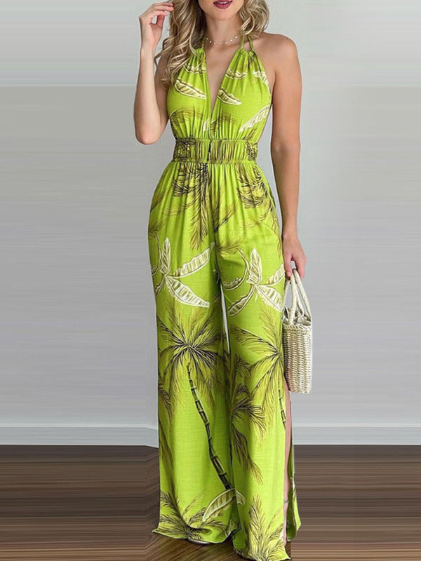 Women's Irregular Printed Halter Neck Jumpsuit - Closther