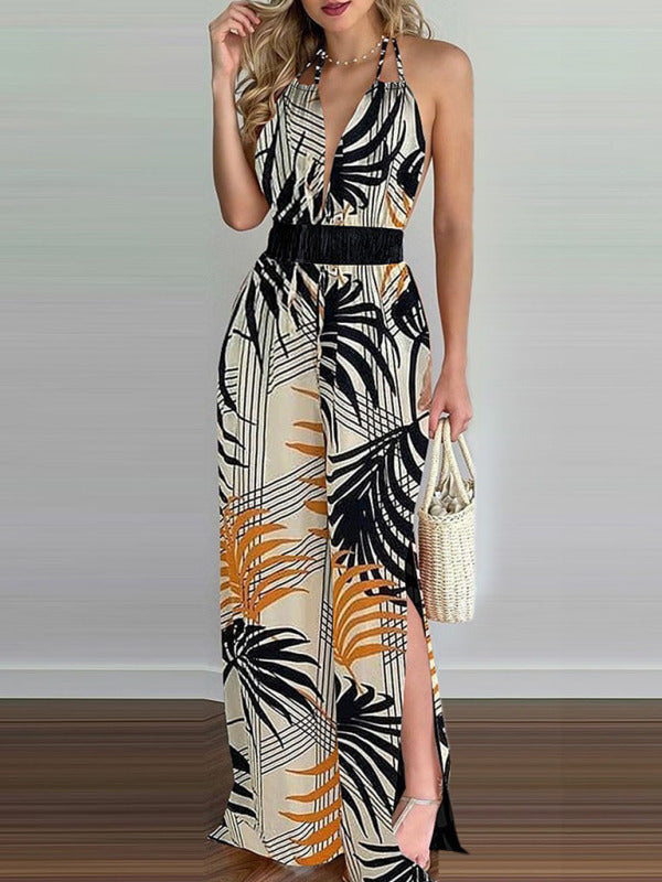 Women's Irregular Printed Halter Neck Jumpsuit - Closther