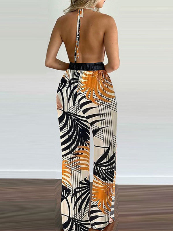 Women's Irregular Printed Halter Neck Jumpsuit - Closther