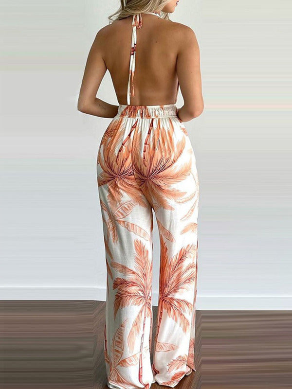 Women's Irregular Printed Halter Neck Jumpsuit - Closther