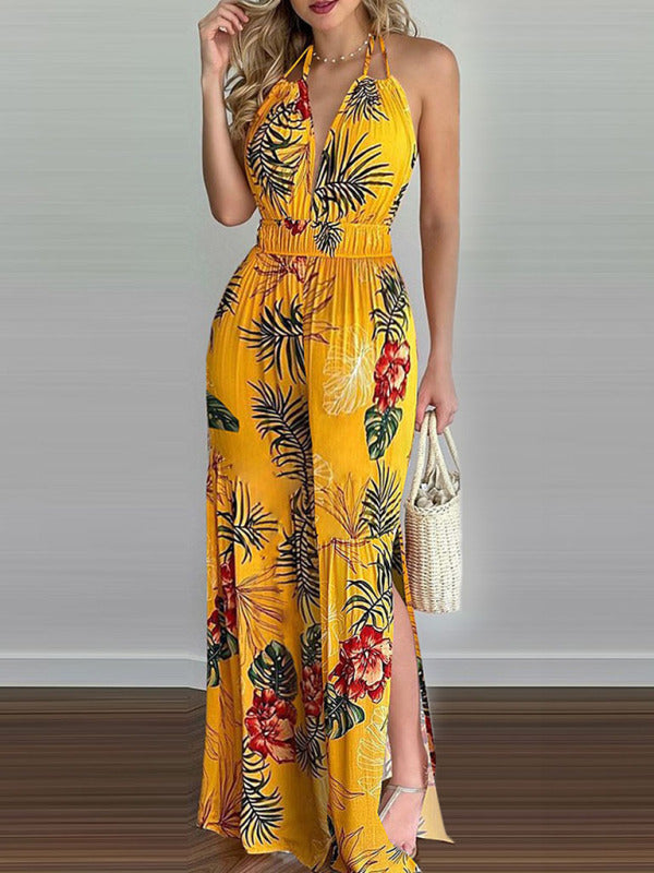 Women's Irregular Printed Halter Neck Jumpsuit - Closther