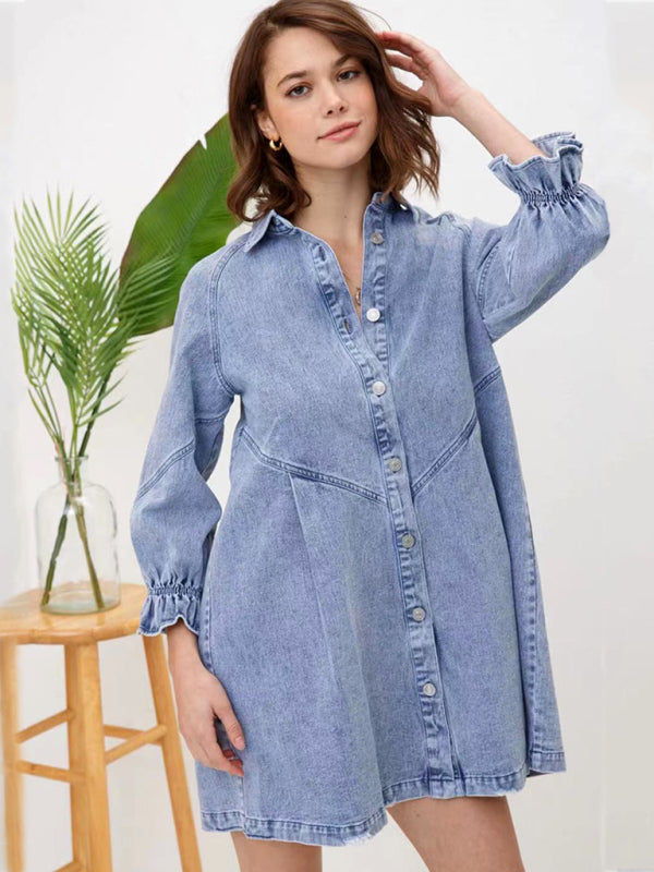 Women's Casual Loose Denim Balloon Sleeve Long Sleeve Dress - Closther