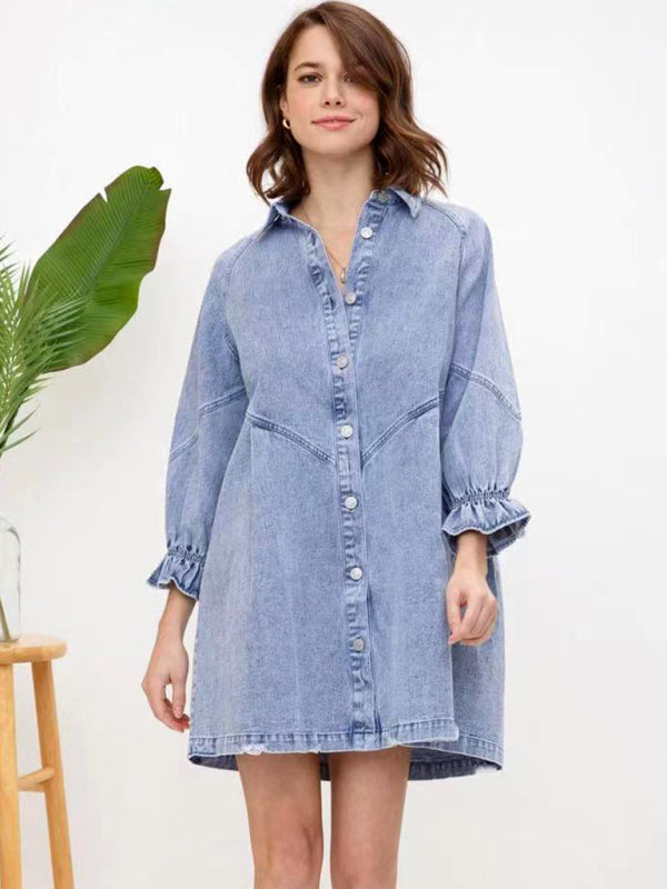 Women's Casual Loose Denim Balloon Sleeve Long Sleeve Dress - Closther