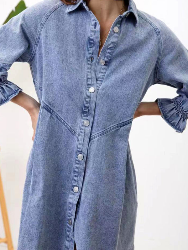 Women's Casual Loose Denim Balloon Sleeve Long Sleeve Dress - Closther