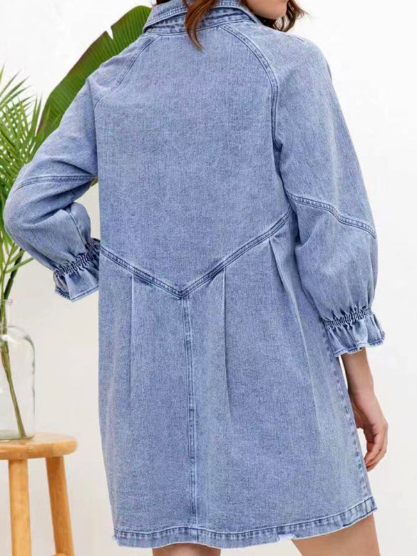 Women's Casual Loose Denim Balloon Sleeve Long Sleeve Dress - Closther