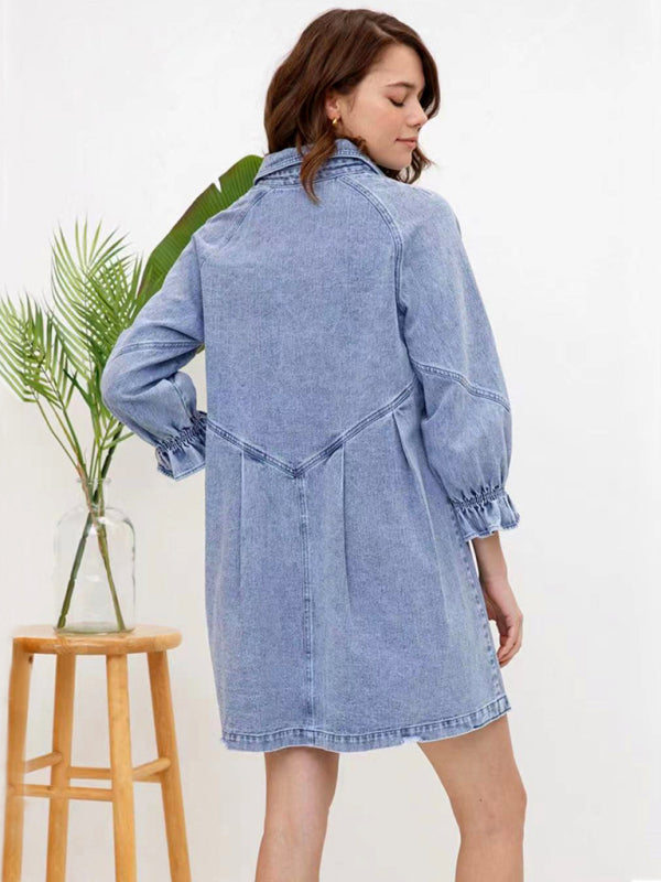 Women's Casual Loose Denim Balloon Sleeve Long Sleeve Dress - Closther