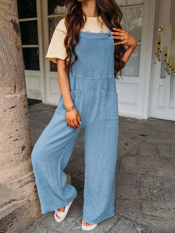 Neuer lässiger Jumpsuit in Unifarbe mit Taschen, gefaltetem Kragen und lockeren Hosenträgern 