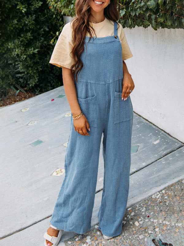 Neuer lässiger Jumpsuit in Unifarbe mit Taschen, gefaltetem Kragen und lockeren Hosenträgern 