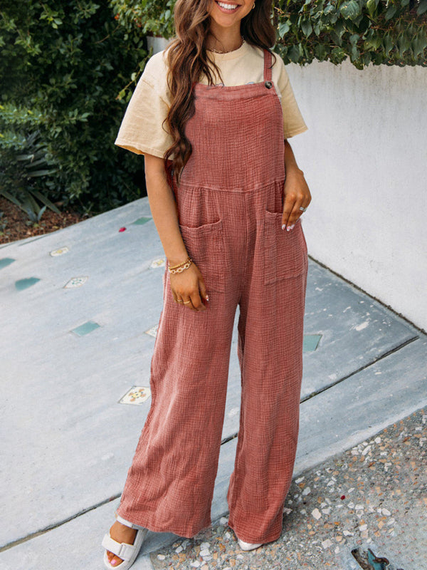 Neuer lässiger Jumpsuit in Unifarbe mit Taschen, gefaltetem Kragen und lockeren Hosenträgern 