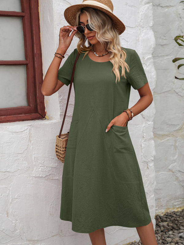 Cotton Linen Solid Color Loose Round Neck Short Sleeve Dress - Closther