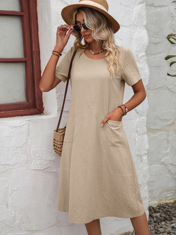 Cotton Linen Solid Color Loose Round Neck Short Sleeve Dress - Closther