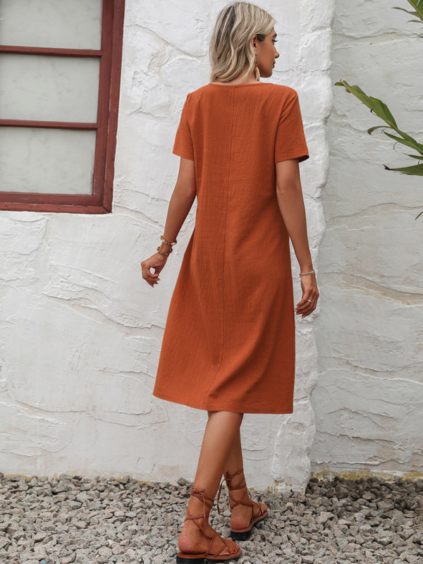 Cotton Linen Solid Color Loose Round Neck Short Sleeve Dress - Closther