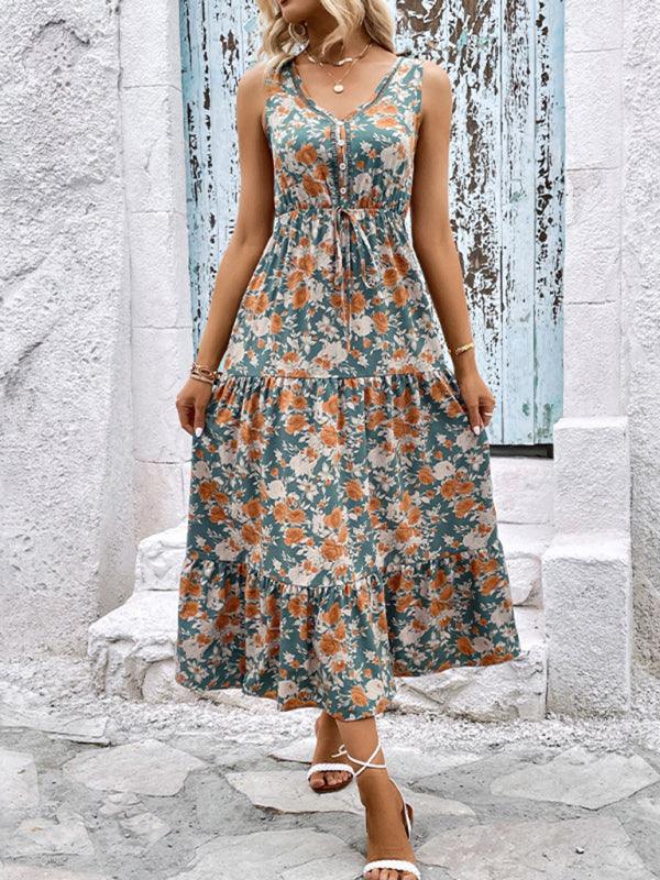 Fashion Casual Ladies Button Sleeveless Floral Print Dress - Closther