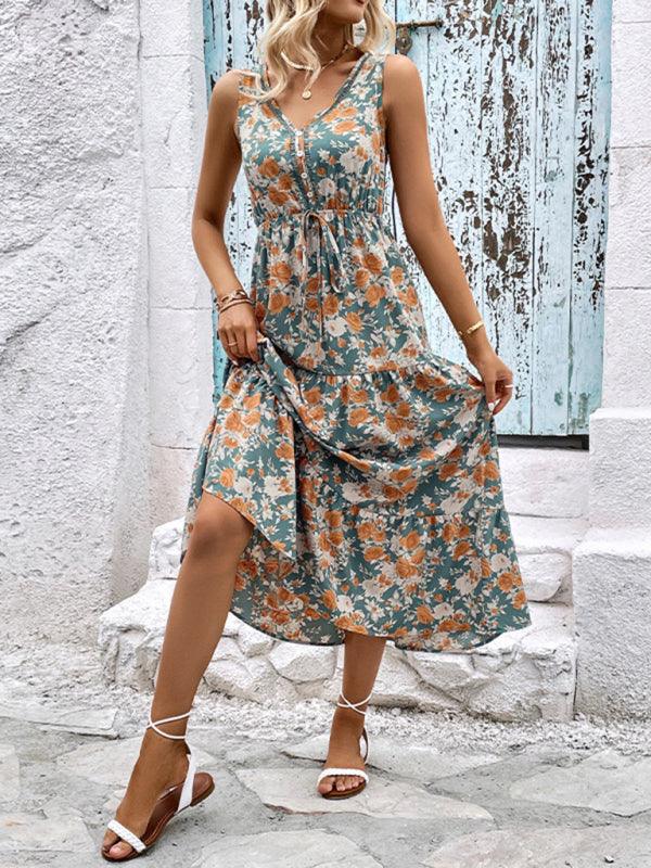 Fashion Casual Ladies Button Sleeveless Floral Print Dress - Closther