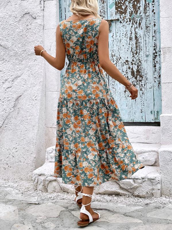 Fashion Casual Ladies Button Sleeveless Floral Print Dress - Closther