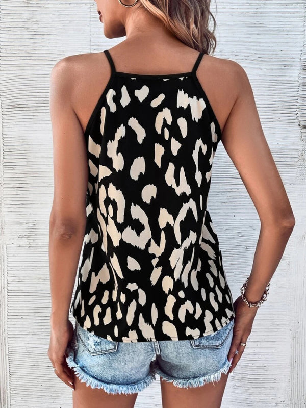 Women's V-neck leopard print stitching solid color camisole top - Closther