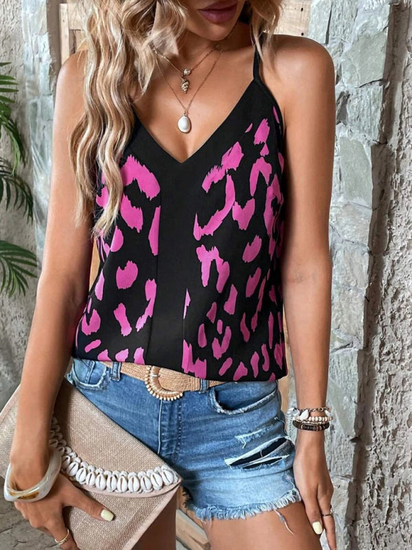 Women's V-neck leopard print stitching solid color camisole top - Closther