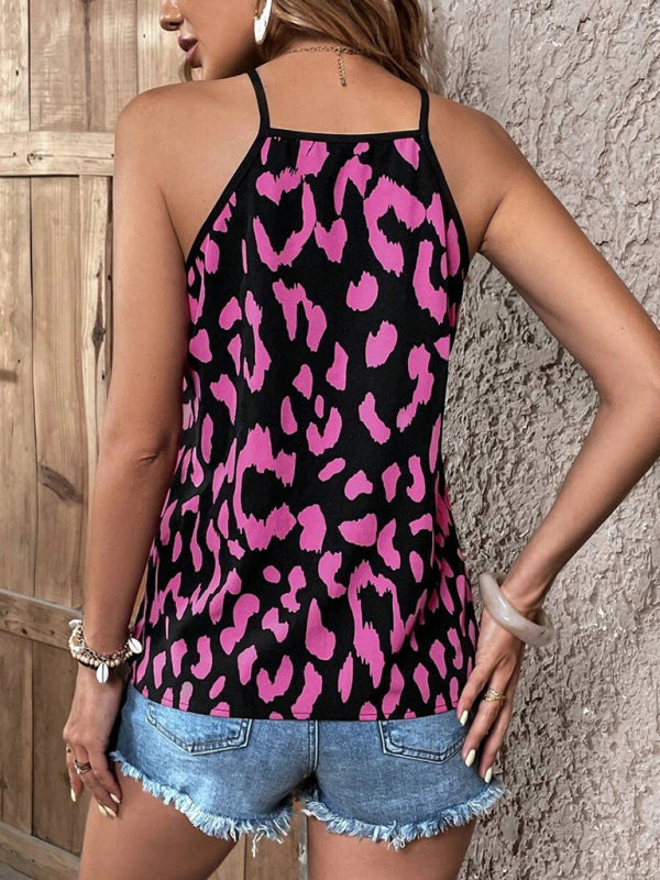 Women's V-neck leopard print stitching solid color camisole top - Closther