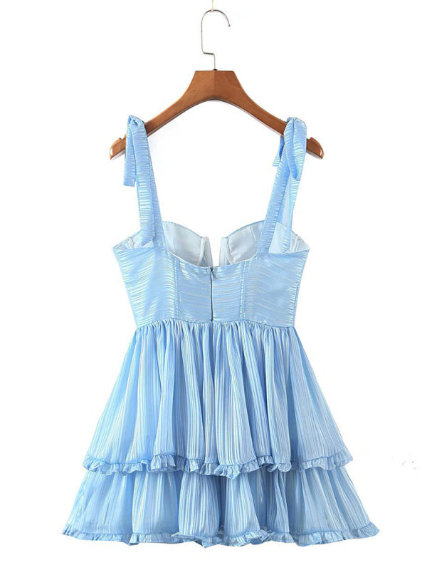 Summer three-color three-layer colorful silk chiffon pleated dress with tie - Closther