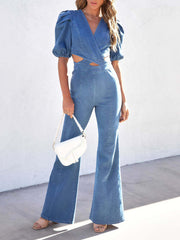 Women's Denim Slim Puff Sleeve Crossover Waist Jumpsuit – front view
