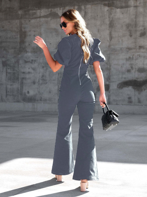 Women's Denim Slim Puff Sleeve Crossover Waist Jumpsuit - Closther