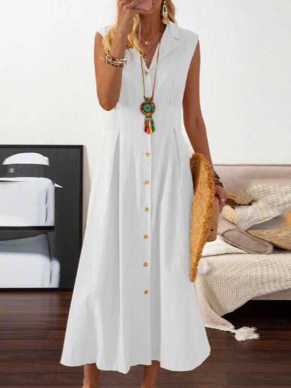 Women's casual lapel collar sleeveless cotton and linen mid-length dress - Closther