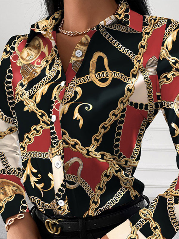 Women's Fashion Printed Long Sleeve Lapel Shirt