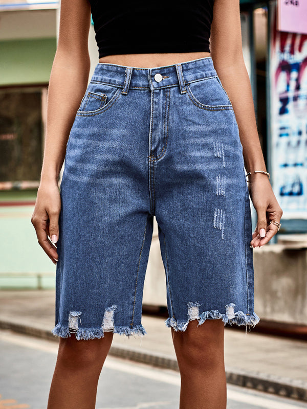 Summer new fashion ripped raw edge fringed five point jeans - Closther