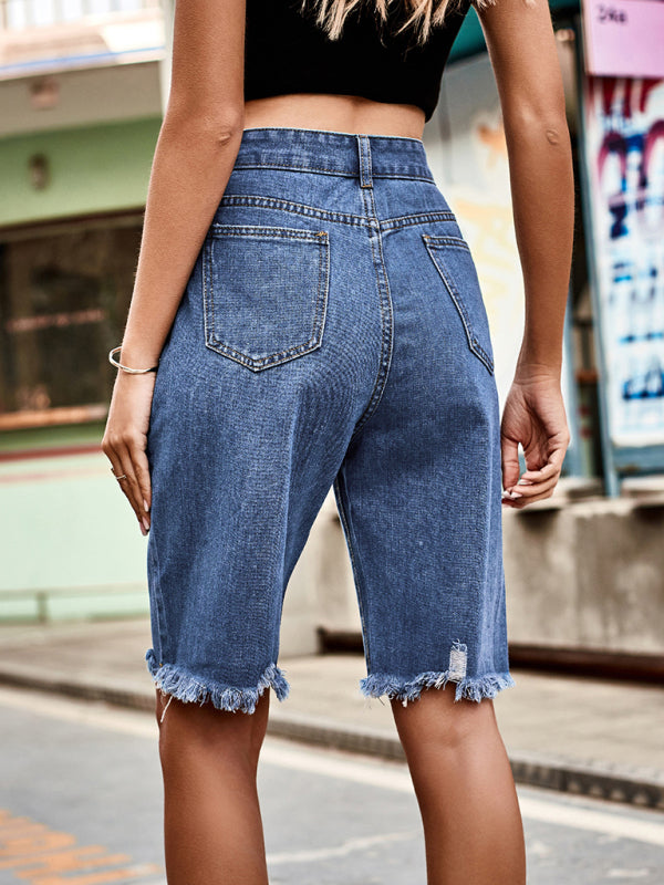 Summer new fashion ripped raw edge fringed five point jeans - Closther