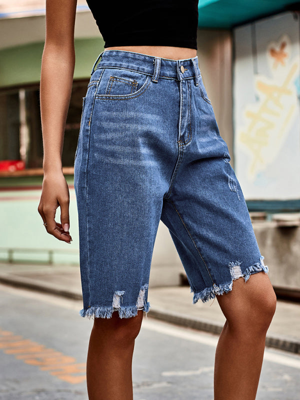 Summer new fashion ripped raw edge fringed five point jeans - Closther