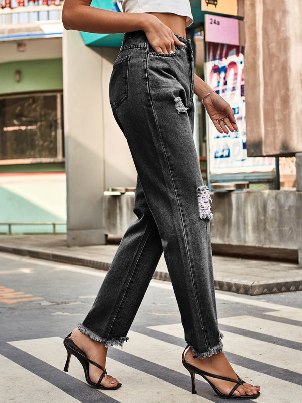 New style denim style ripped trousers women's casual pants - Closther