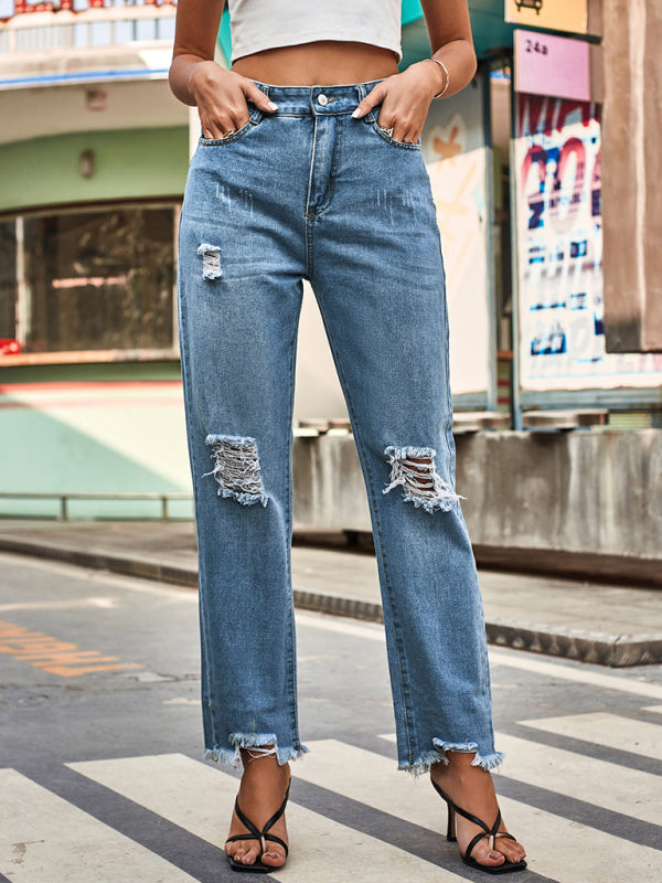 New style denim style ripped trousers women's casual pants - Closther