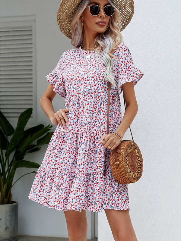 Women's Woven Printed Round Neck Ruffle Sleeve Loose Dress